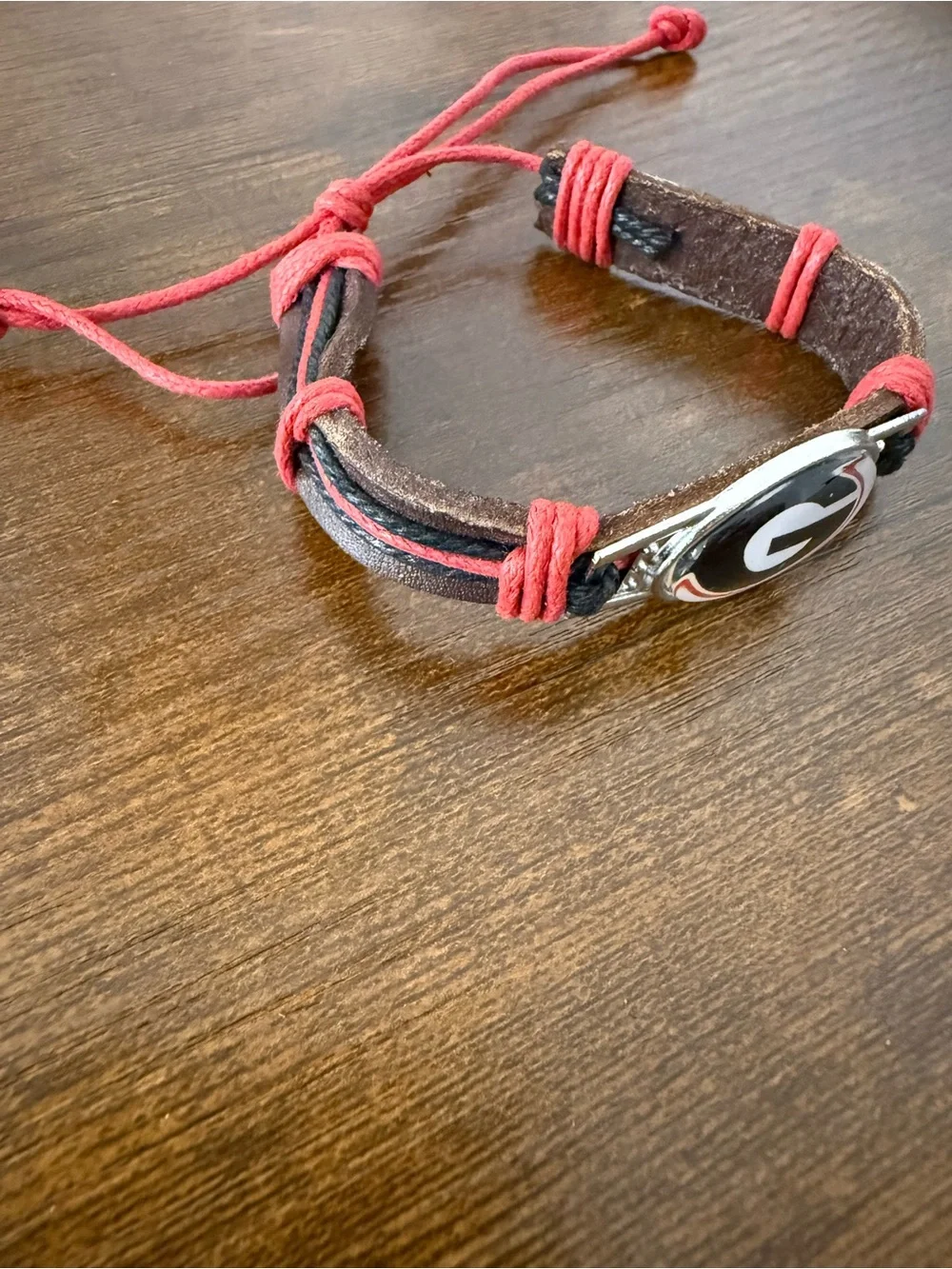 Georgia bulldogs Leather Cord Bracelet with Red Accent and Team Emblem